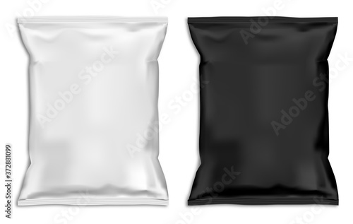 Snack bag mock up. White pillow pouch coffee blank. Plastic food sachet template design for candy. Advertising ready packet or sack illustration for potato, sugar or tea. Clear container