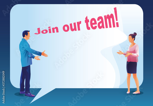 We are Hiring Concept with Huge Loudspeaker and Business People. Recruitment Agency Interview with Candidates. Human Resources with Megaphone. Join together in team work dream team Vector illustration © krerksak