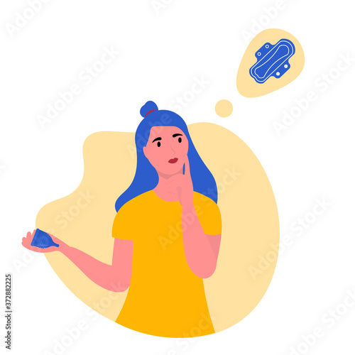 Young girl  thinking or making choice about eco friendly periods alternatives . Thoughtful women doubt about menstrual cup.  Cute illustration in flat style