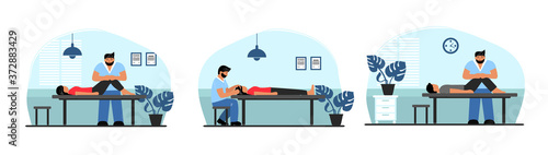 Vector flat illustration of osteopathy. An osteopath treats a patient. Munual therapist. Treatment of the back, head, and body. 
Headache treatment