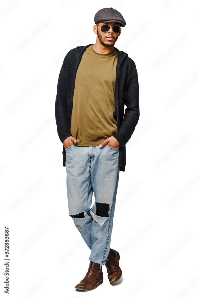 african-american young man in green t-shirt wearing sunglasses and cap over white background african-american young man in green t-shirt wearing sunglasses and cap over white background