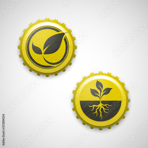 Picture of a beer lid with symbol of eco. Bottle cork with sign natural, organic, view from above. Iron plug plant icon