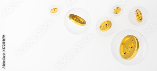 3d render of gold coins falling in a bubble soap.