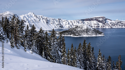 Winter panoramic scene of Crater Lake NP