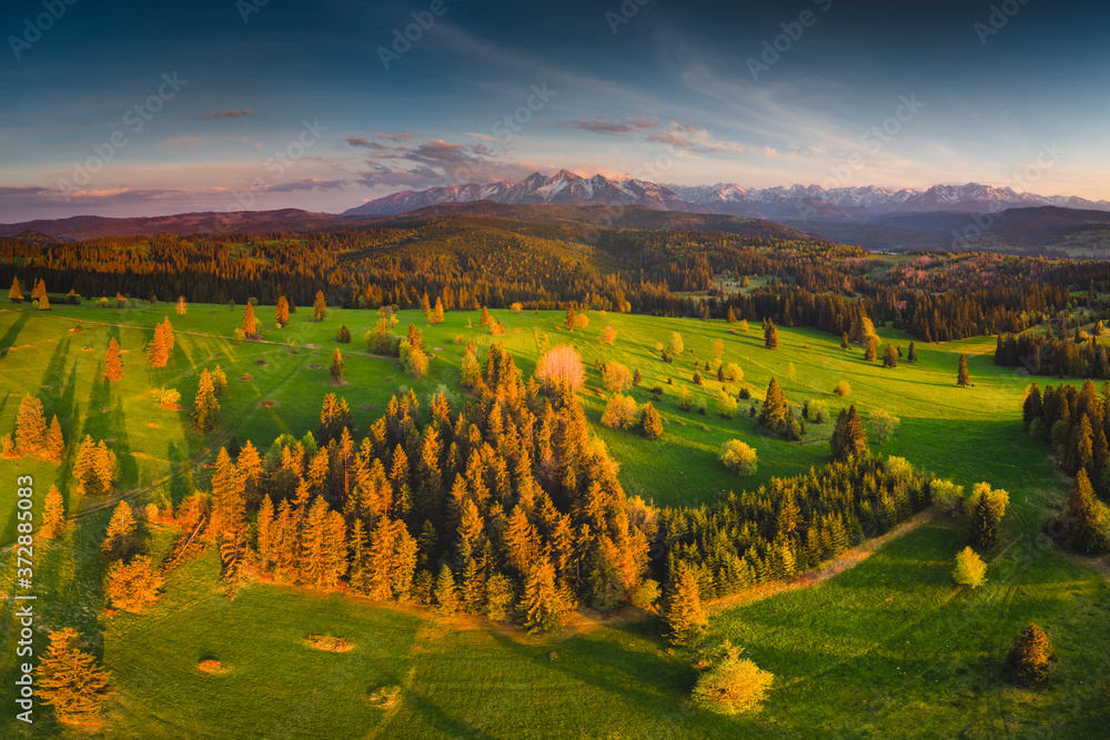 Podhale and Tatra Mountains from drone. Photos was taken in spring. Poland, Malopolskie Aerial footage