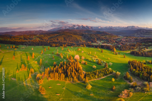 Podhale and Tatra Mountains from drone. Photos was taken in spring. Poland, Malopolskie Aerial footage