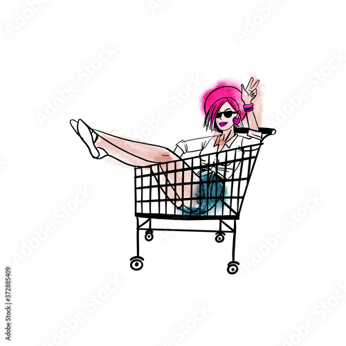  young girl in the shopping cart vector illustration © tatiana_davidova