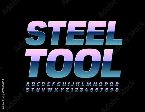 Vector industrial logo Steel Tool. Creative gradient color Metal Font. Chrome Alphabet Letters and Numbers