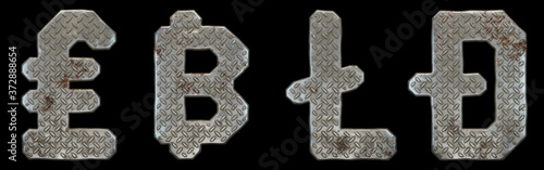 Set of symbols lira, bitcoin, litecoin and dashcoin made of industrial metal on black background 3d photo