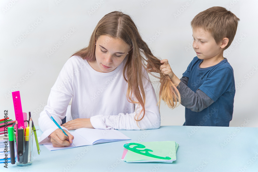 a teenage girl sits at a table doing her homework, with her younger brother standing next to her. school supplies on the tables. the boy pulls the hair, distracts, interferes. Horizontal photo. a teenage girl sits at a table doing her homework, with her younger brother standing next to her. school supplies on the tables. the boy pulls the hair, distracts, interferes. Horizontal photo.