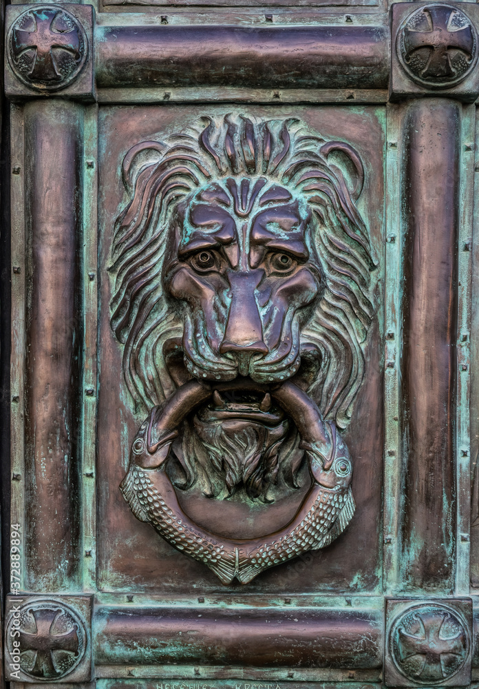 Copper lion. Antique wrought iron door handle	