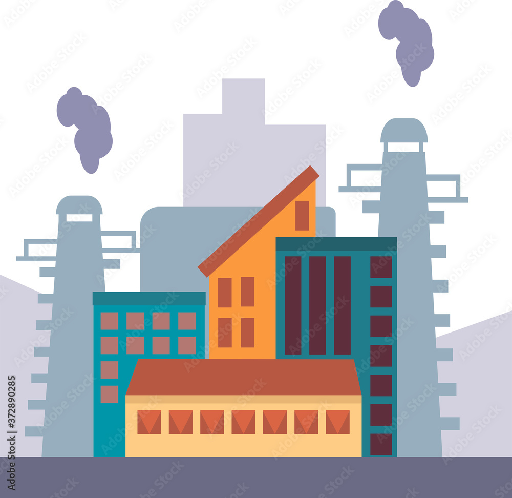 Vector factory icon. Vector illustration of an industrial landscape in a flat style. Industrial plant on the background of a modern city. Smoking pipes. Problem of ecology.