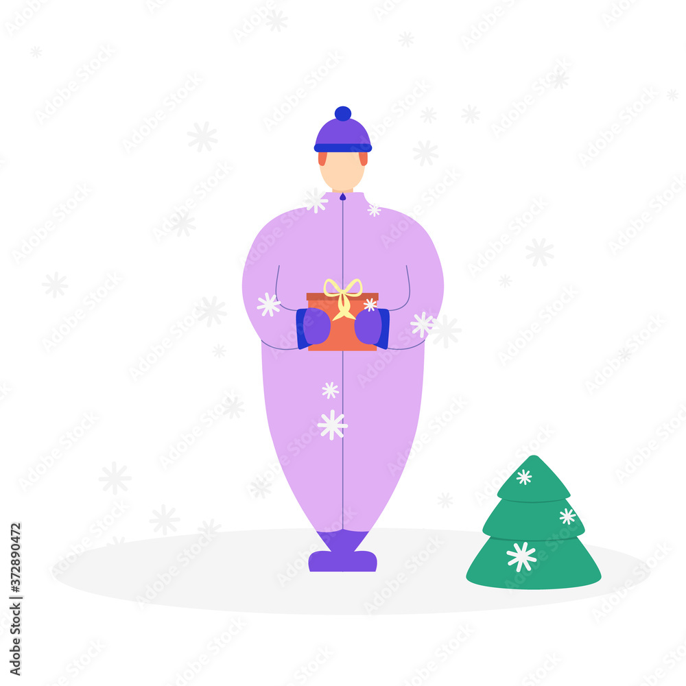 Flat man in winter clothes with gifts in hands near Christmas tree. Happy new year theme. Cute cartoon characters.