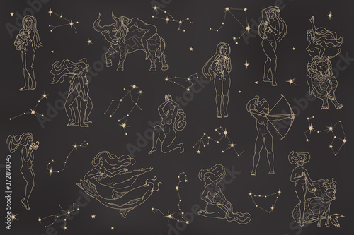 Set of zodiac signs on black gradient background. Light outline women and zodiac constellations. Collection of horoscope symbols. Astrology concept in vector. Design element for icons or logo.