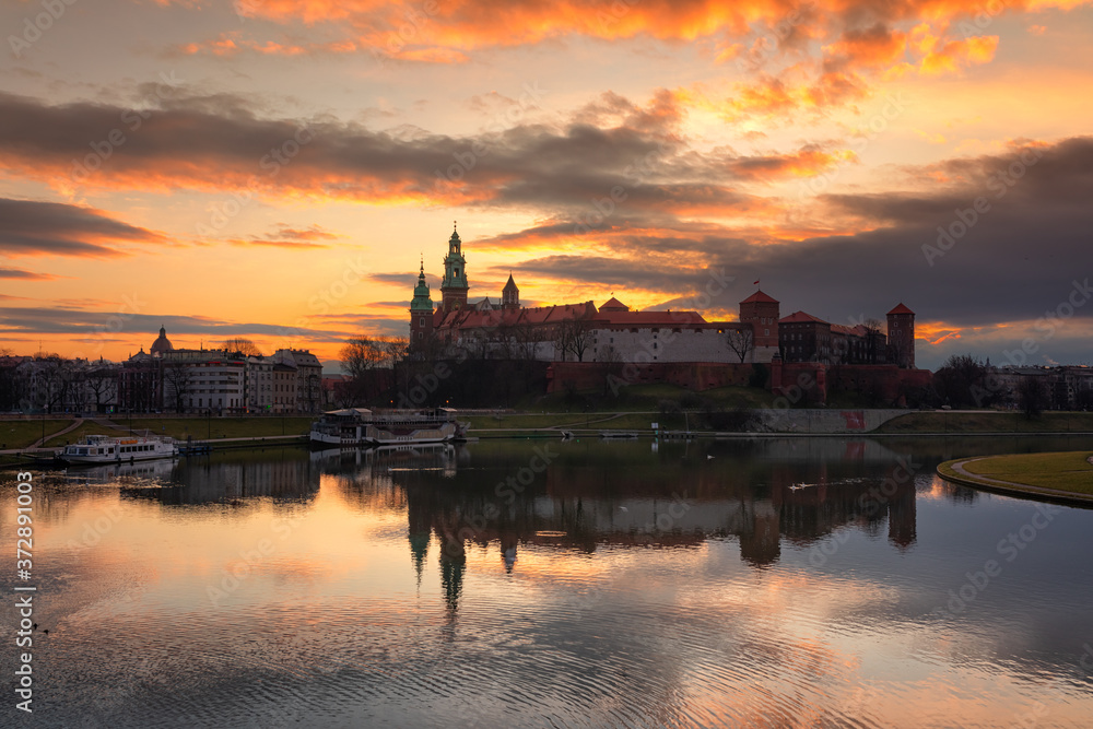 Royal Castle Wawel in Cracow in sunrise time.