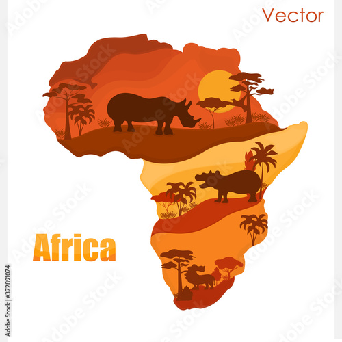 Vector map of Africa with animals. Sunset.
