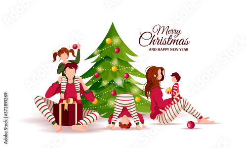Merry Christmas and Happy New Year greeting card with family in similar clothes and christmas tree. Vector illustration for poster, banner, card, cover, postcard.