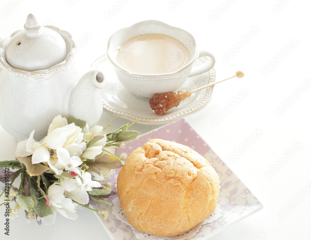 Japanese style confectionery, puff cream on dish for gourmet dessert Japanese style confectionery, puff cream on dish for gourmet dessert