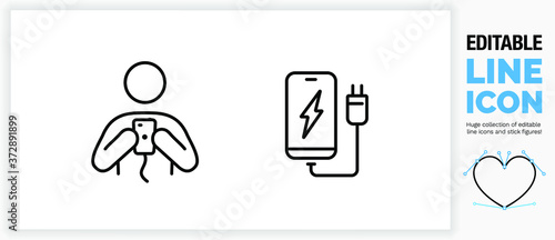 Editable line icons of people charging a phone! 