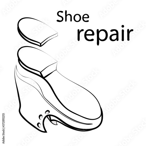 Vector contour drawing of a boot located upside down, at the top of the heel repair heel, isolated on a white background. Outline, copy space.  Shoe repair text.
