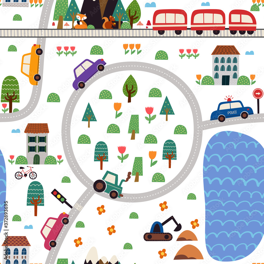 Children's seamless pattern with a road map. City landscape with cars. Cute illustrations for children's room design, postcards, prints for clothes.