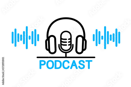Podcast. Studio microphone with broadcast text podcast. Webcast audio record. Headphones and microphone for radio record or studio. Flat concept of online radio broadcasting