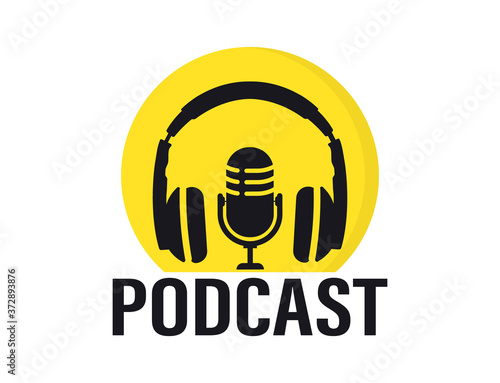 Podcast. Studio microphone with broadcast text podcast. Webcast audio record. Headphones and microphone for radio record or studio. Flat concept of online radio broadcasting