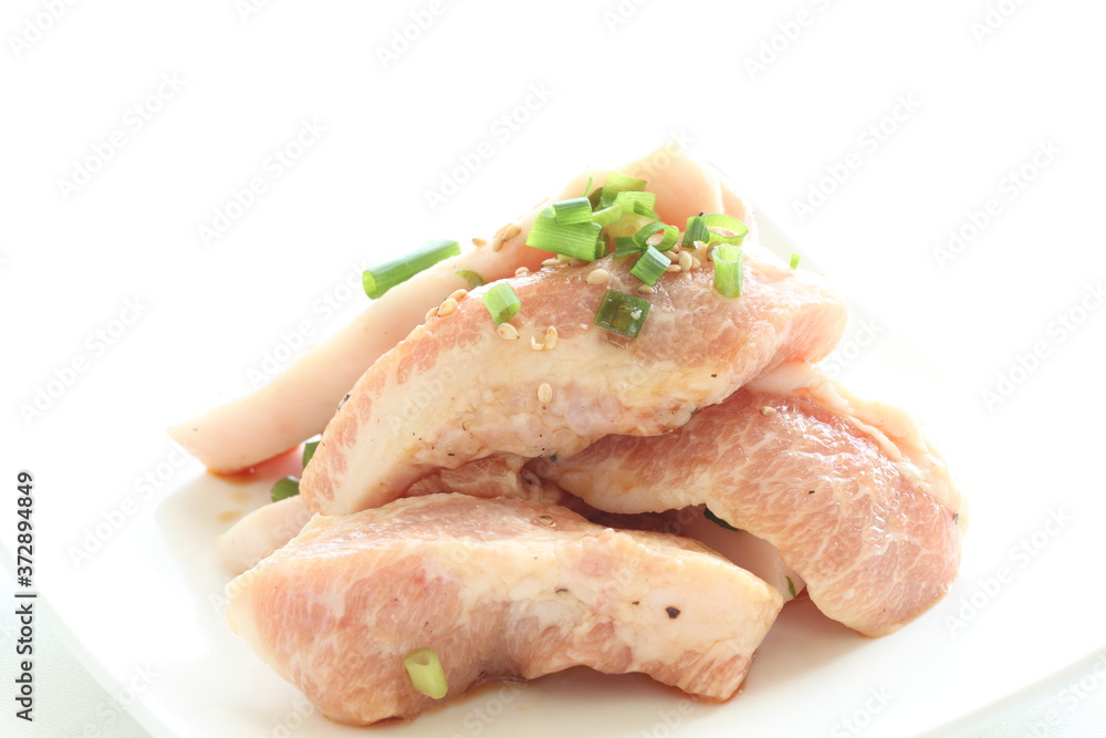 Korean barbecue food ingredient, pork neck and salt spring onion marinated Korean barbecue food ingredient, pork neck and salt spring onion marinated