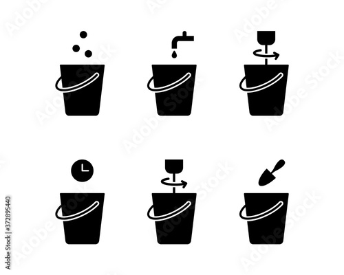 Process of preparation building mixture. Silhouette icons for construction dry powder instruction. Dilution of cement, sand concrete, grout, gypsum, plaster. Water, bucket, mixer. Black flat vector