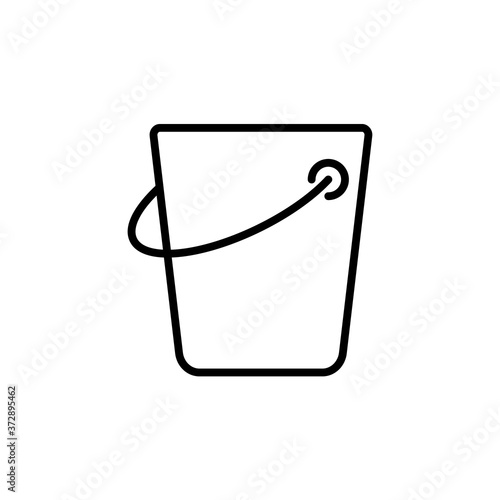 Bucket with handle down. Linear icon of construction tool for mixing material. Black pictogram of household container for harvesting, pouring water, throwing away garbage. Contour isolated vector