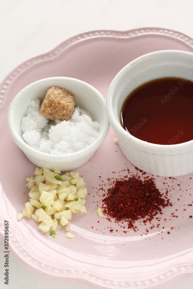 Korean cooking, sugar with soy sauce with chili pepper also garlic Korean cooking, sugar with soy sauce with chili pepper also garlic