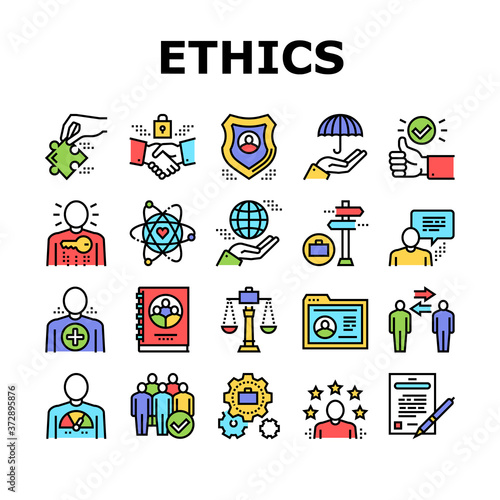 Business Ethics Moral Collection Icons Set Vector. Social Ethics And Partnership, Honesty And Impact, Handshake And Team Building Color Contour Illustrations