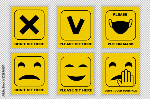 Round warning virus signs on transparent background.. Put on mask. Keep distance between people. Do not sit here. Sit here