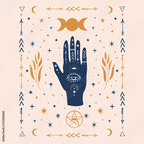 Hamsa Hands graphic illustration with mystical and occult hand drawn symbols like triple goddess moon, pentacle, evil eye. Vector illustration. Halloween,wicca, astrological and esoteric concept.