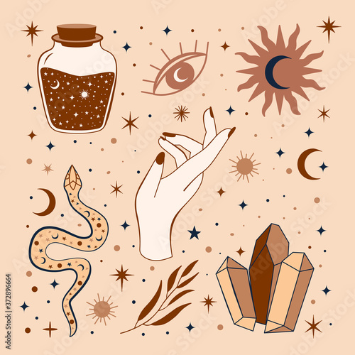 Mysticism inspired illustration of mudra hands, witch potion, crystals and the serpent. Esoteric, spiritual, wicca occult inspired concept art. Perfect for Tshirt graphic, cards etc.