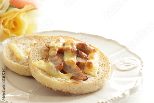 sausage and cheese toasted English muffin sandwich  © jreika