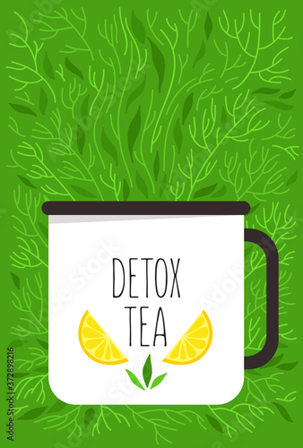 Illustration of the cup with detox tea and ingredients