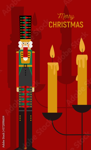Christmas greeting card with nutcracker and candles
