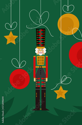 Christmas illustration of the nutcracker and Christmas tree ornaments