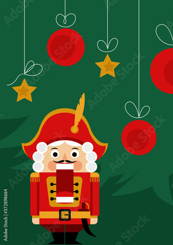 Christmas illustration of the nutcracker and Christmas tree ornaments