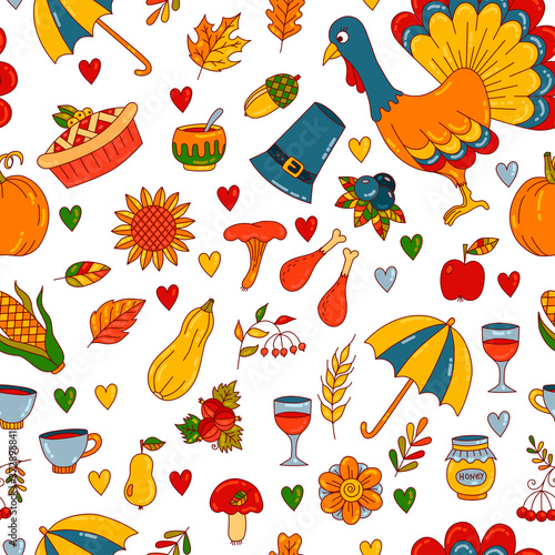 Thnksgiving day colorful cartoon icons seamless vector pattern
