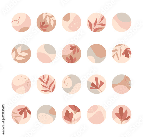 Bundle of insta highlights covers.Modern vector layouts with hand drawn organic shapes,florals and textures.Abstract backgrounds.Trendy design for social media marketing.