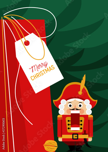 Christmas greeting card with nutcracker and gifts