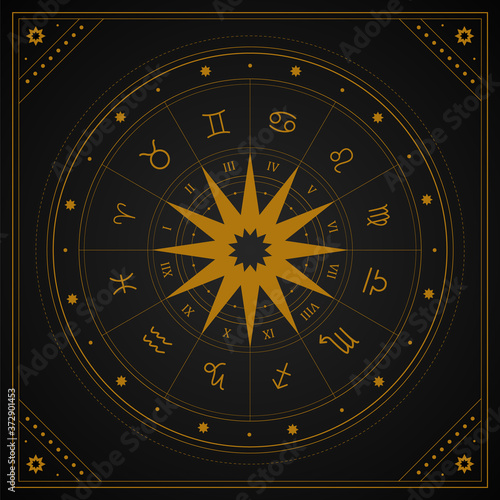 Astrology wheel with zodiac signs in boho style. Mystery and esoteric. Horoscope vector illustration. Spiritual tarot poster. Magic occult tarot cards.