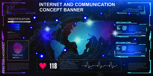 Internet and communications. Concept banner. An innovative cyber space with a world map. User interface HUD, GUI, UI. Innovation concept. Vector banner