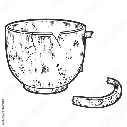 Crockery, broken cup. Sketch scratch board imitation. Black and white.