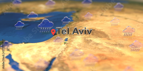 Tel Aviv city and rainy weather icon on the map, weather forecast related 3D rendering