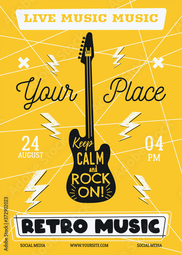 Rock music vector flyer, live event poster background template with retro guitar. Keep calm and Rock on background. Vector design illustration