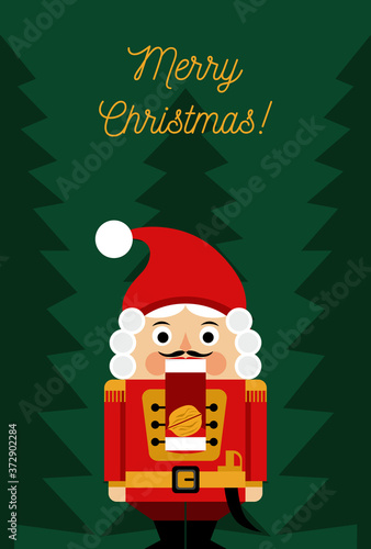 Christmas greeting card with nutcracker as Santa Claus