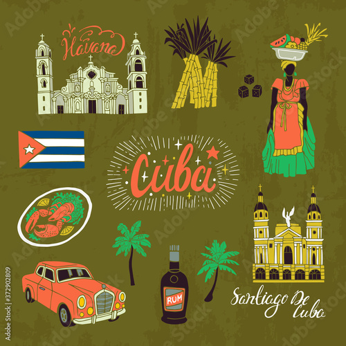 Illustrated tourist set of Cuba. National flavor, travel and sights